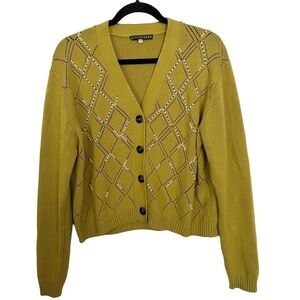 Alexa Chung Mabel Pearl Wool Blend Embroidered Cardigan In Chartreuse Size XL
